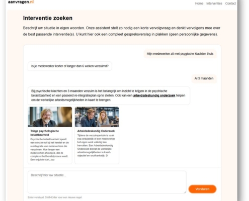 Voorbeeldgesprek met de AI-interventiezoeker: de assistent vraagt door en stelt passende interventies voor
