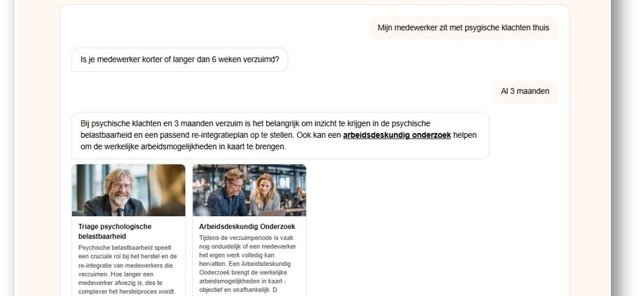 Voorbeeldgesprek met de AI-interventiezoeker: de assistent vraagt door en stelt passende interventies voor